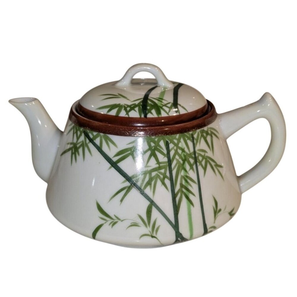 Vintage Japanese Kutani Bamboo Teapot Hand-Painted Bone China
